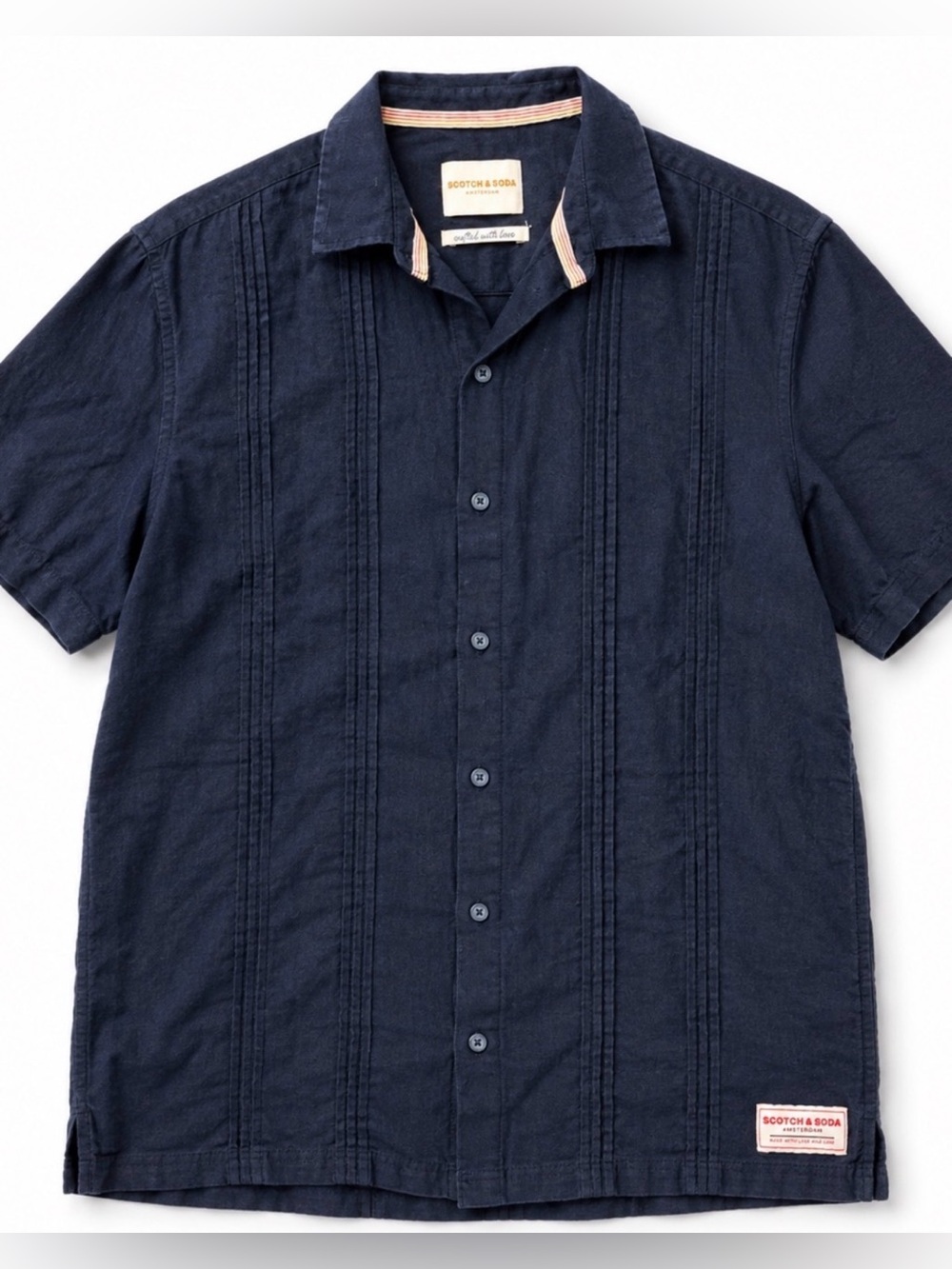Scotch & Soda Amsterdam Navy Pintuck Short Sleeve Button Up Shirt linen blend